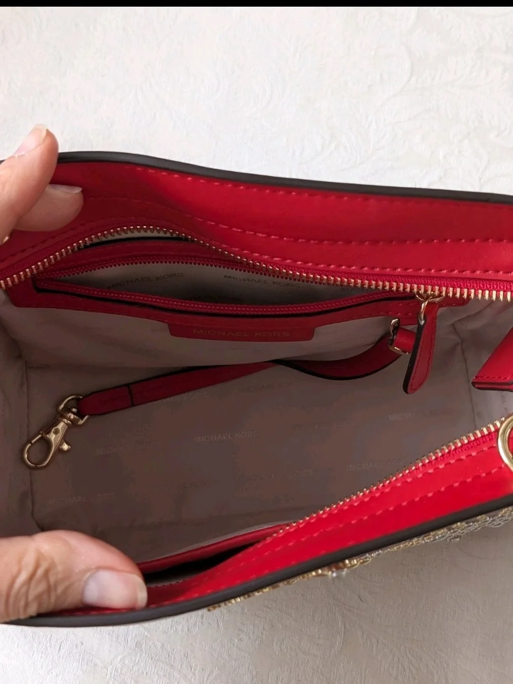Michael Kors Red Shoulder Bag Star Studded Metallic Crystal Zip Gold Hardware